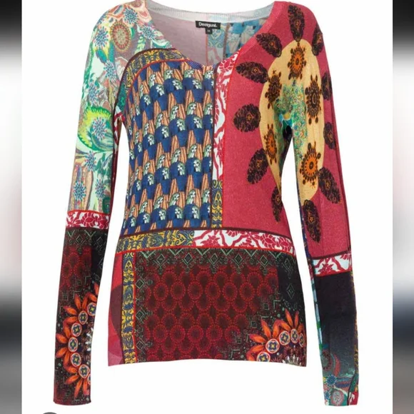Desigual Cashmere Sweater “Michelle" Multicolor V-neck Long Sleeve Size L - Picture 10 of 13
